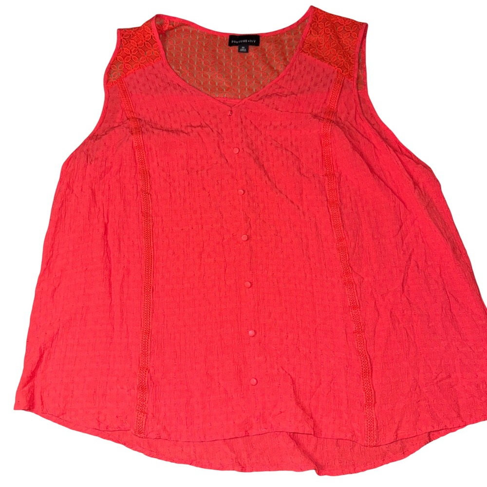 Fortune + Ivy Sleeveless‎ Top 2X Coral Lace Yoke Button Front Dobby Blouse